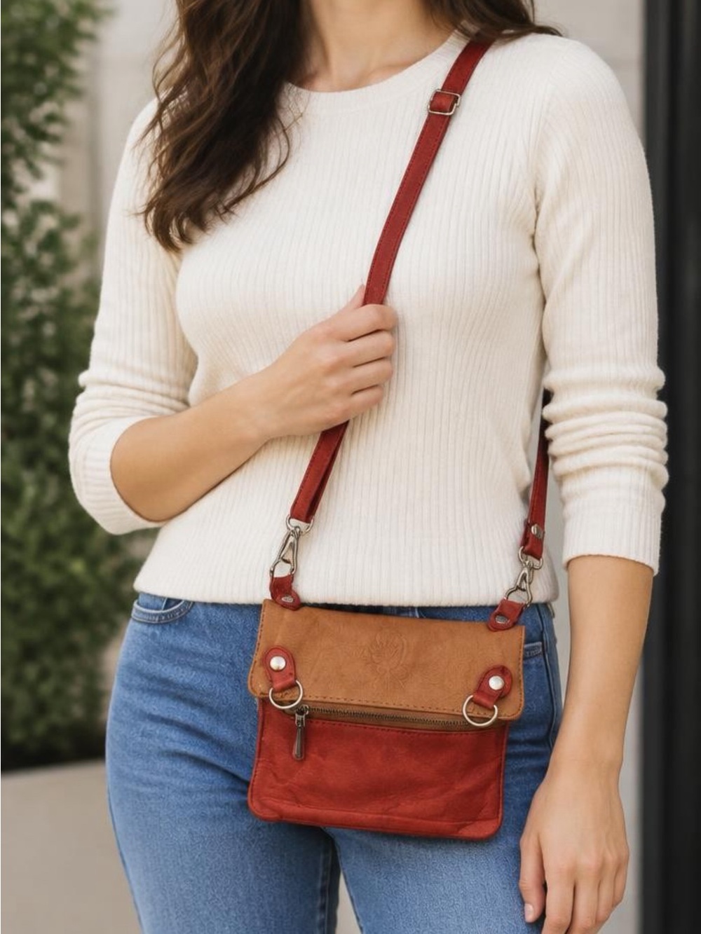 Pelle Sling Bag Tan & Red Cross Body Fold Over Or Bigger Change Out Strap Hook